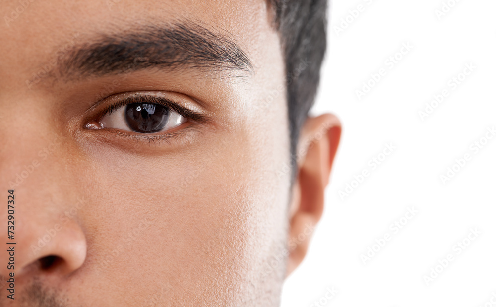Eyes, closeup and portrait of man in studio for vision, wellness or examination on white background. Eye test, face and model with eyesight assessment for contact lens, wellness or eyeball health