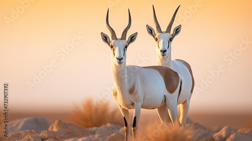 Arabia nature. Wildlife Jordan, Arabian oryx, Oryx leucoryx, antelope with a distinct shoulder bump. Evening light in nature. Two animal in nature habitat, blue sky
