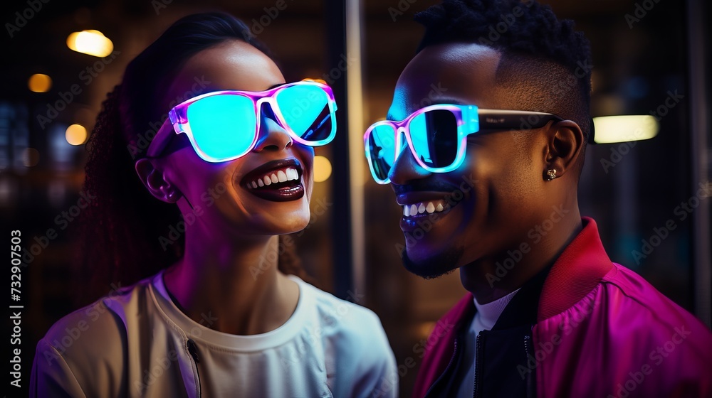 Beautiful Stylish Multiethnic Couple in Casual Outfits and Futuristic Neon Glowing Glasses, Dance and Have a Party at Home in Loft Apartment. Recording Funny Viral and Active Videos for