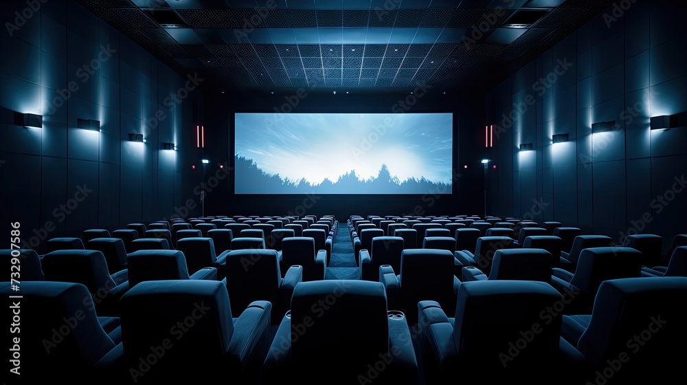 A cinema, with a screen and seats, pure white background photography, medium close up shot.