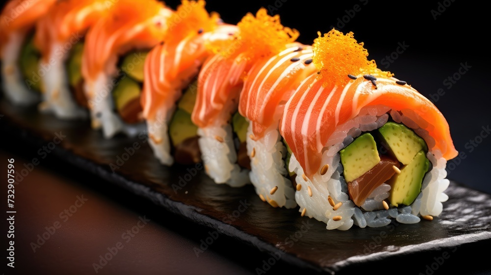 A close-up of a sushi roll with avocado, salmon, and rice, served on a black plate. A close-up of a sushi roll with avocado, salmon, and rice, served on a black plate.
