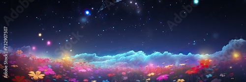 3D, high angle, Epic Wide Shot from an enchantingly beautiful field of flowers with flying cute little fireflies photo