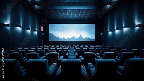 A cinema, with a screen and seats, pure white background photography, medium close up shot. © Dara