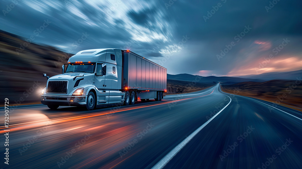 Transportation logistics at golden hour with semi-truck on highway, fast delivery, commercial freight, road travel, industry, sunset, dynamic. Transportation logistics at golden hour with semi-truck on highway, fast delivery, commercial freight, road travel, industry, sunset, dynamic.