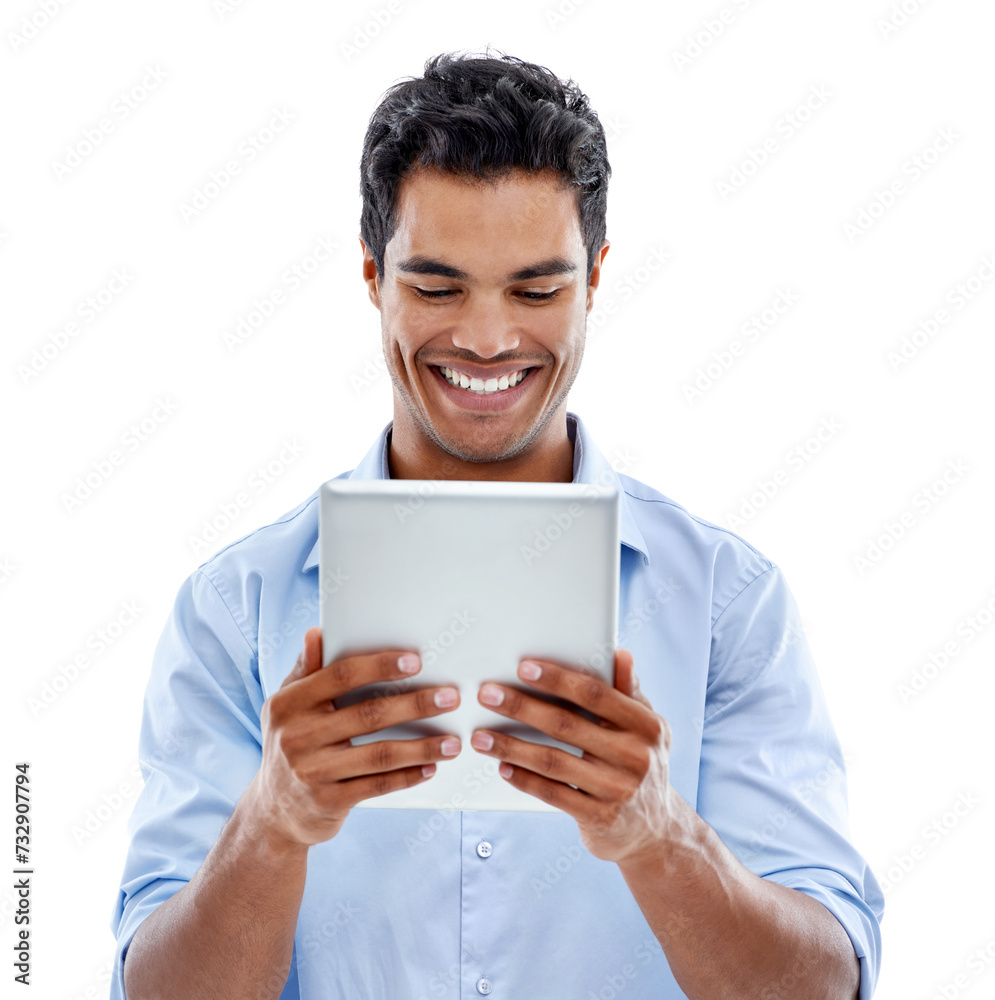 Business, tablet and happy man in studio for social media, news or information on white background. Digital, search or male consultant online for client communication, help or app for crm service Business, tablet and happy man in studio for social media, news or information on white background. Digital, search or male consultant online for client communication, help or app for crm service