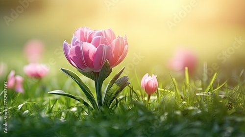 A pink flower blooms on the green grass, highlight color contrast photography.