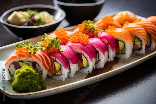 A plate of sushi with a variety of colorful rolls and a side of wasabi and ginger.