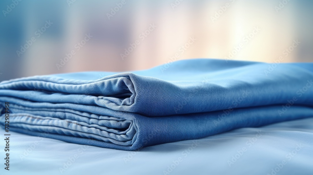A woman's blue jeans are neatly folded on a white bed, in the style of light bronze and sky blue, A woman's blue jeans are neatly folded on a white bed, in the style of light bronze and sky blue,