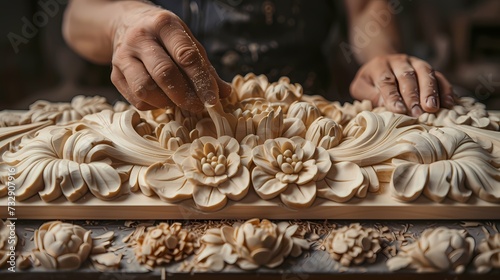 A carpenter skillfully carving intricate designs into a piece of wood in a workshop photo