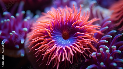 Colourful pink brooding sea anemone (Epiactis prolifera) from shallow marine waters of British Columbia, close-up of the oral disk and mouth photo