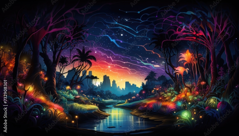 Fantasy landscape with planet and city at night