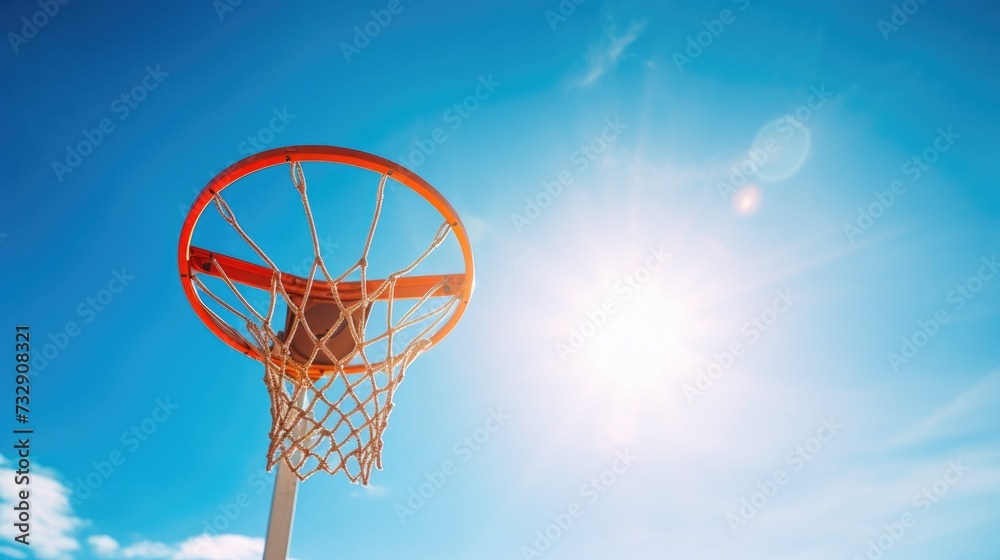 Basketball being shot towards hoop against blue sky.
