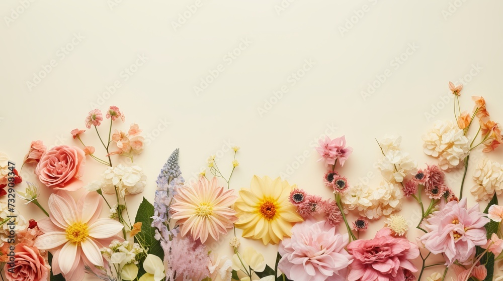 Fototapeta premium Creative layout made of flowers and leaves with paper card note. Flat lay. Nature concept