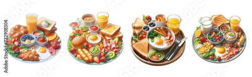 Set of plates with breakfast Isolated cutout on transparent background © SA Studio