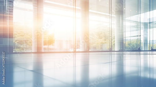 Beautiful blurred background of a light modern office hall with panoramic windows and beautiful lighting