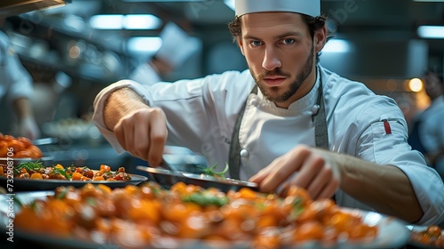 A chef meticulously plating a gourmet dish in a busy kitchen