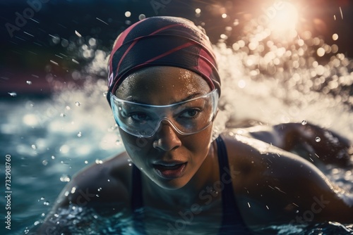 Create a realistic image of a female swimmer wearing goggles and a swimming cap,