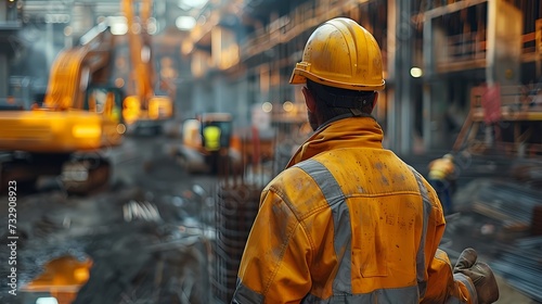 A construction worker operating heavy machinery at a bustling construction site