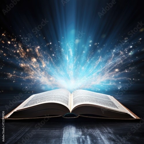 open book with mystic bright light on white