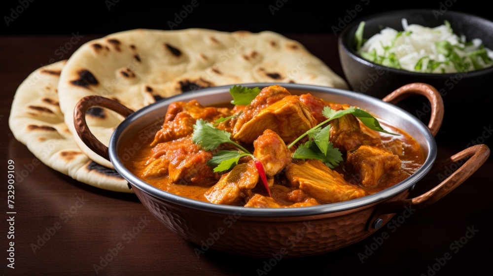 A bowl of steaming and aromatic chicken curry with naan bread A bowl of steaming and aromatic chicken curry with naan bread