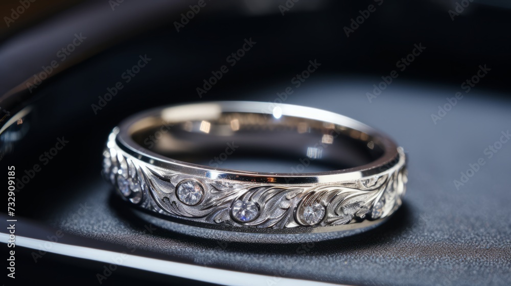 A closeup of a jeweler's precision engraving on a wedding ring A closeup of a jeweler's precision engraving on a wedding ring