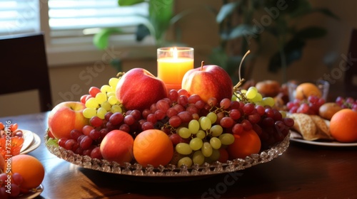 A celebratory shana tova centerpiece with candles and fruit
