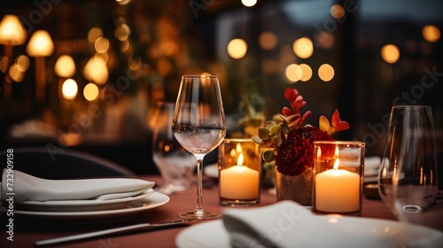 A closeup of a candlelit dinner setting