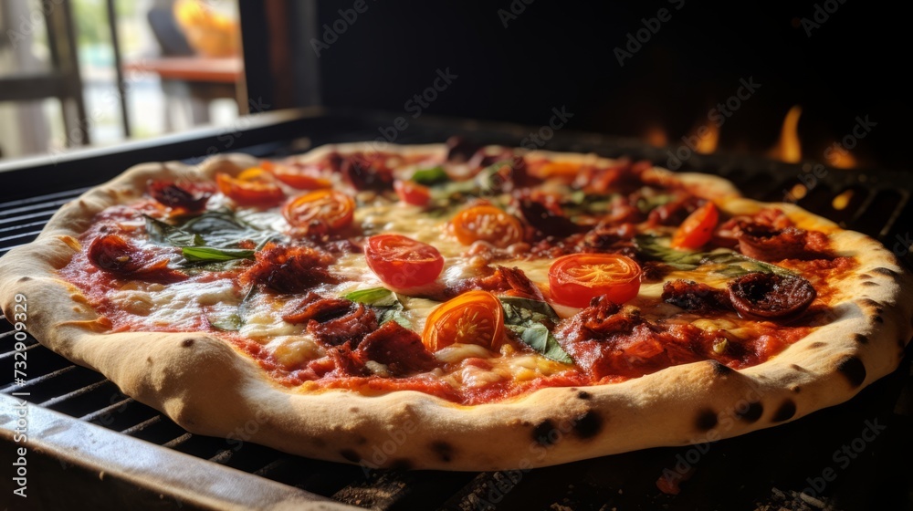 A delicious and aromatic homemade pizza straight from the oven