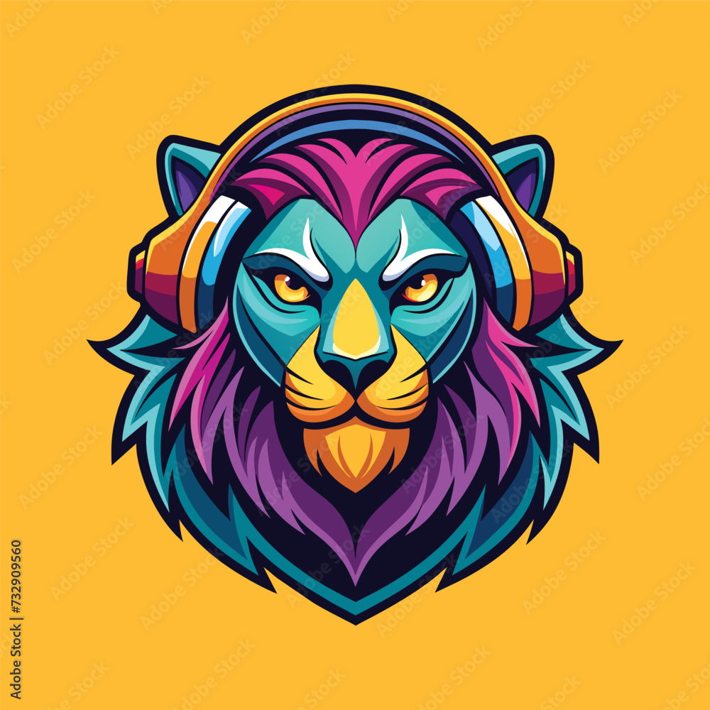 Fototapeta premium Lion head mascot for gaming e-sport logo. cartoon lion wearing a headphone vector illustration