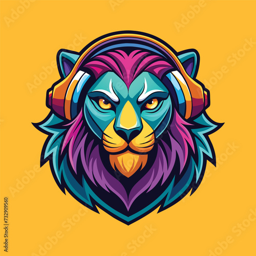 Lion head mascot for gaming e-sport logo. cartoon lion wearing a headphone vector illustration