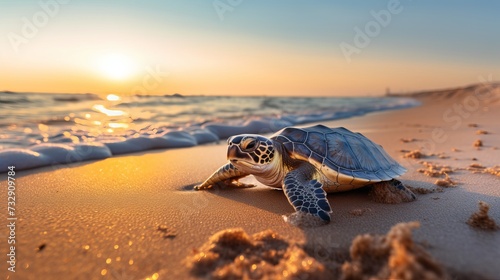 Little sea turtle on the sandy beach in morning time #732909784