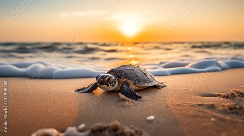 Little sea turtle on the sandy beach in morning time #732909786