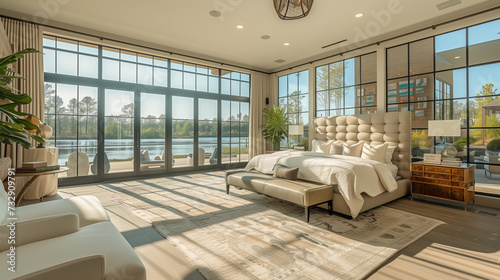 Luxury Waterfront Master Bedroom with Expansive Views and Elegant Decor