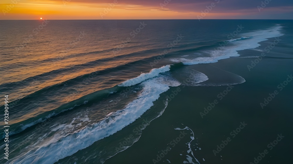 Obraz premium Aerial view Ocean Sunset Serene Landscape with Vibrant Colors and Calming Rhythms