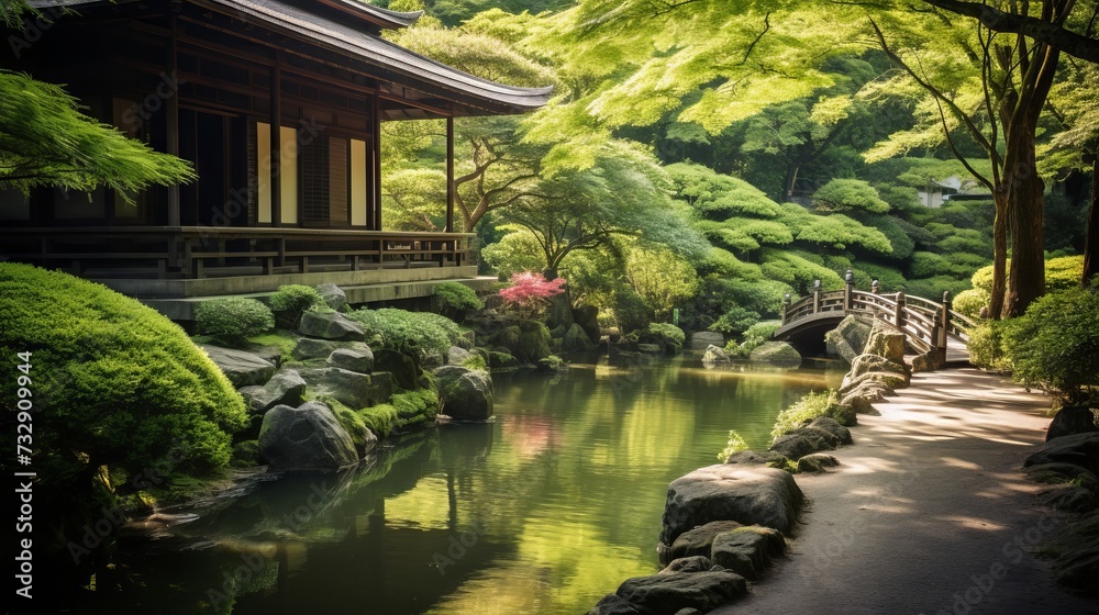 A zen temple surrounded by lush and peaceful nature