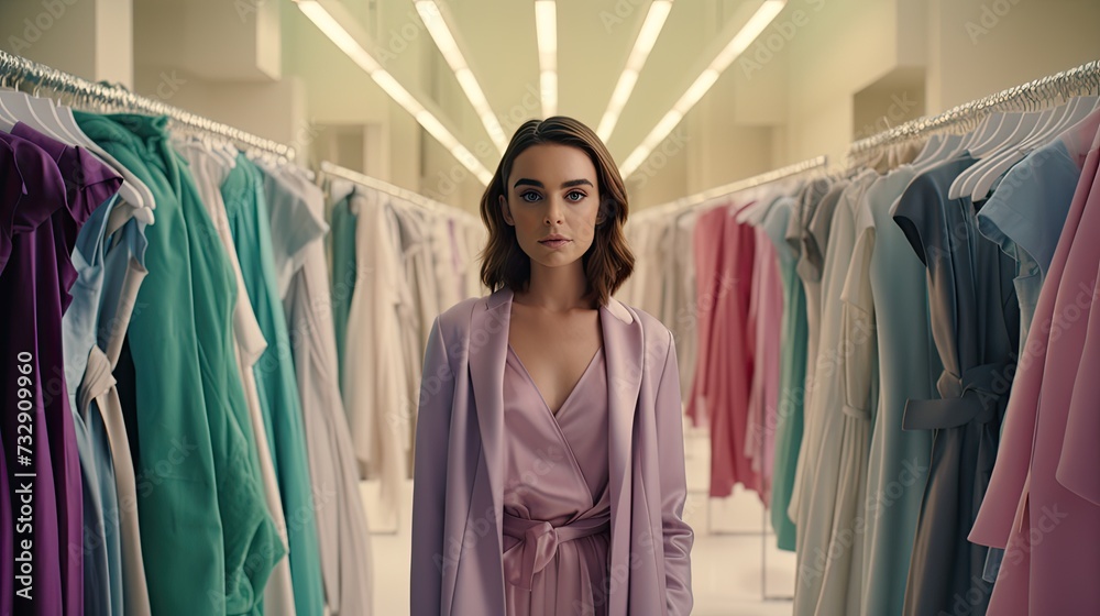 Wide shot of Lily Collins looking around her in the middle of a huge dressing room, 