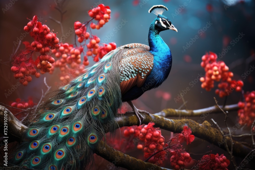 Fototapeta premium Photo a peacock is sitting on a branch with a red leaf on it