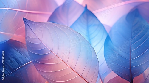 Macro leaves background texture blue, turquoise, pink color. Transparent skeleton leaves. Bright expressive colorful beautiful artistic image of nature