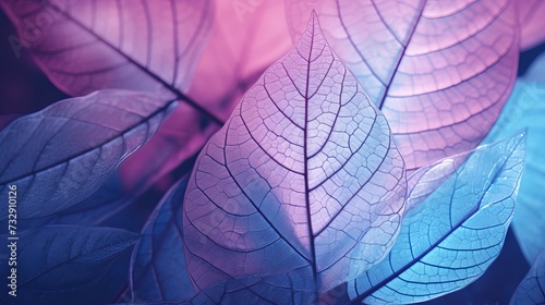 Macro leaves background texture blue, turquoise, pink color. Transparent skeleton leaves. Bright expressive colorful beautiful artistic image of nature