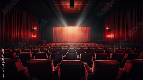 Inside the movie theater, rows of red velvet seats face a large screen, with dimmed lights and the smell of popcorn in the air,