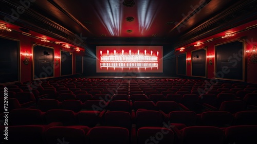 Inside the movie theater, rows of red velvet seats face a large screen, with dimmed lights and the smell of popcorn in the air,