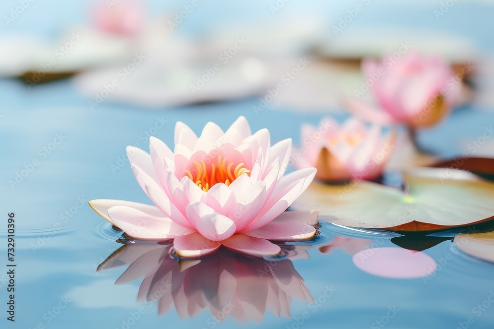Closeup blooming water lilies or lotus flower, with reflecting on the water.