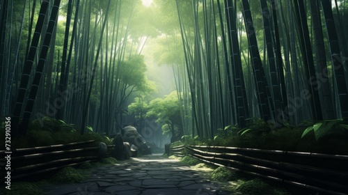 A bamboo forest with a serene, zenlike atmosphere