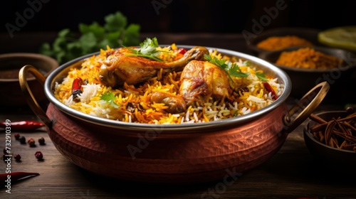 A biryani pot with layers of rice and tender chicken pieces