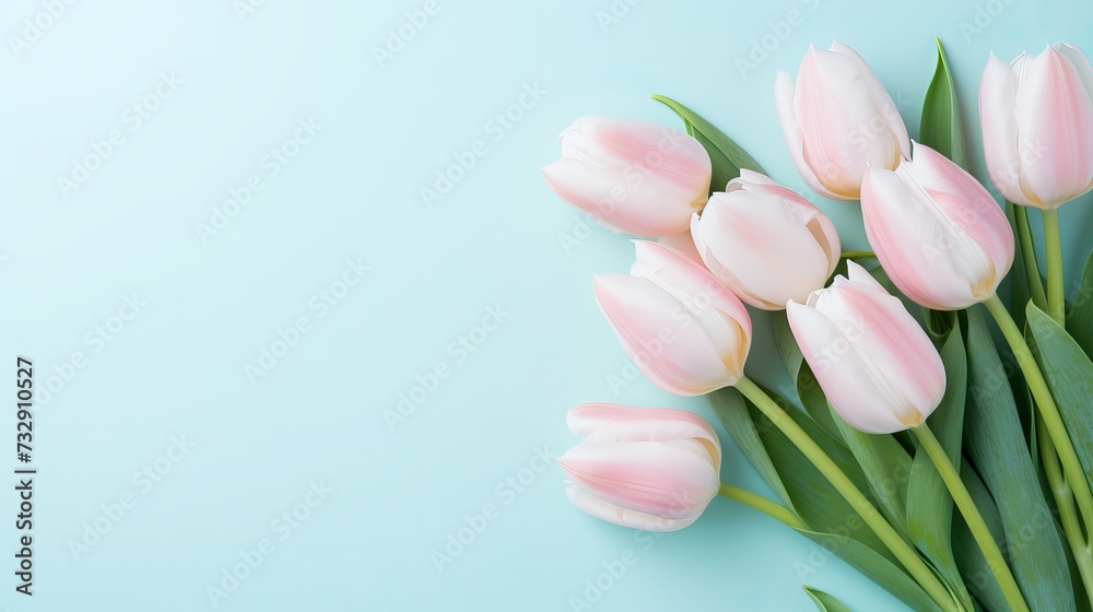 Mother's Day concept. Top view photo of bouquet of white and pink tulips on isolated pastel blue background with copyspace Mother's Day concept. Top view photo of bouquet of white and pink tulips on isolated pastel blue background with copyspace