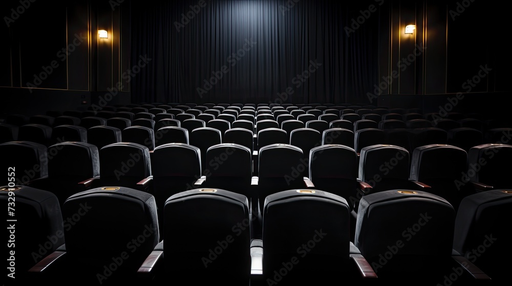 Rows of grey movie theater seats, front view 