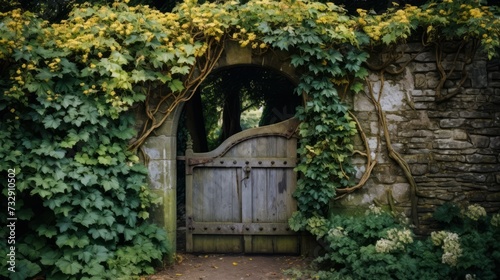 A charming garden gate covered in climbing vines © Cloudyew
