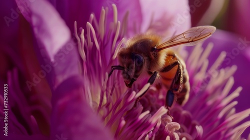 Macro Shot of Bee Pollinating Vivid Purple Flower