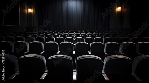 Rows of grey movie theater seats, front view 