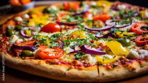 A closeup of a loaded veggie pizza with colorful toppings